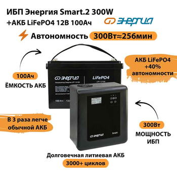 ИБП для котла Энергия Smart 2 300Вт + LiFePO4 Аккумулятор 12v 100Ah (300Вт - 256мин) - ИБП и АКБ - ИБП Энергия - ИБП для котлов отопления - . Магазин оборудования для автономного и резервного электропитания Ekosolar.ru в Владикавказе