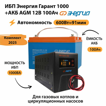 ИБП для котла Энергия Гарант 1000 + Аккумулятор 100 Ач 12 В (600Вт - 91мин) - ИБП и АКБ - ИБП для котлов - . Магазин оборудования для автономного и резервного электропитания Ekosolar.ru в Владикавказе