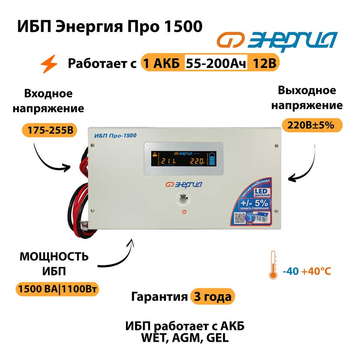 Энергия ИБП Про 1500 12В - ИБП и АКБ - ИБП для котлов - . Магазин оборудования для автономного и резервного электропитания Ekosolar.ru в Владикавказе