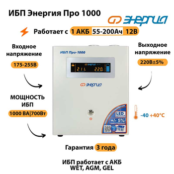 Энергия ИБП Про 1000 12В - ИБП и АКБ - ИБП для котлов - . Магазин оборудования для автономного и резервного электропитания Ekosolar.ru в Владикавказе