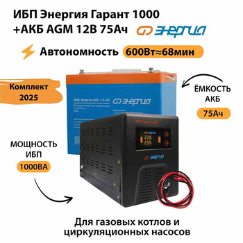 ИБП для котла Энергия Гарант 1000 + Аккумулятор 75 Ач 12 В (600Вт - 68мин) - ИБП и АКБ - ИБП для котлов - . Магазин оборудования для автономного и резервного электропитания Ekosolar.ru в Владикавказе