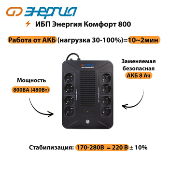 ИБП Комфорт 800 Энергия - ИБП и АКБ - ИБП для компьютера - . Магазин оборудования для автономного и резервного электропитания Ekosolar.ru в Владикавказе