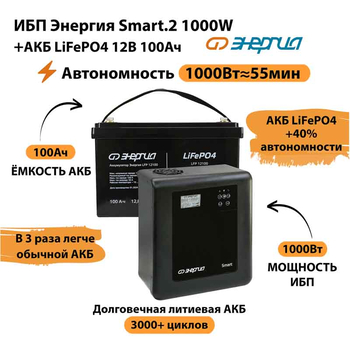 ИБП Энергия Smart.2 1000W + Аккумулятор LiFePO4 12v-100Ah (1000Вт-55мин) - ИБП и АКБ - ИБП Энергия - ИБП на 1 кВА - . Магазин оборудования для автономного и резервного электропитания Ekosolar.ru в Владикавказе