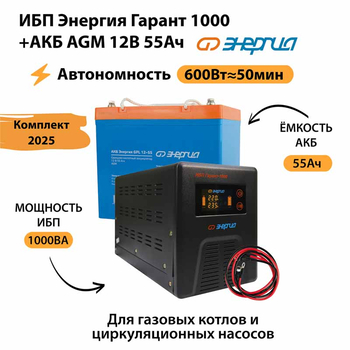 ИБП для котла Энергия Гарант 1000 + Аккумулятор 55 Ач 12 В (600Вт - 50мин) - ИБП и АКБ - ИБП для котлов - . Магазин оборудования для автономного и резервного электропитания Ekosolar.ru в Владикавказе