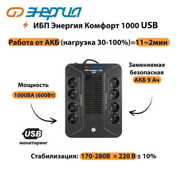 ИБП Комфорт 1000 USB Энергия - ИБП и АКБ - ИБП для компьютера - . Магазин оборудования для автономного и резервного электропитания Ekosolar.ru в Владикавказе