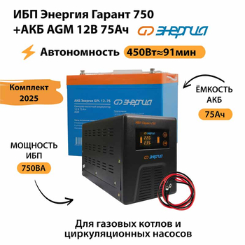 ИБП для котла Энергия Гарант 750 + Аккумулятор 75 Ач 12 В (450Вт - 91мин) - ИБП и АКБ - ИБП для котлов - . Магазин оборудования для автономного и резервного электропитания Ekosolar.ru в Владикавказе