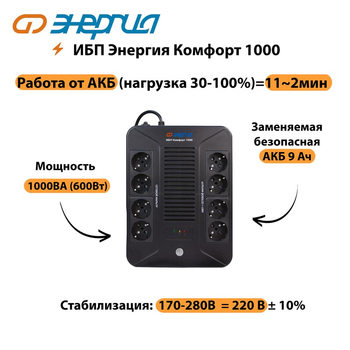 ИБП Комфорт 1000 Энергия - ИБП и АКБ - ИБП для компьютера - . Магазин оборудования для автономного и резервного электропитания Ekosolar.ru в Владикавказе